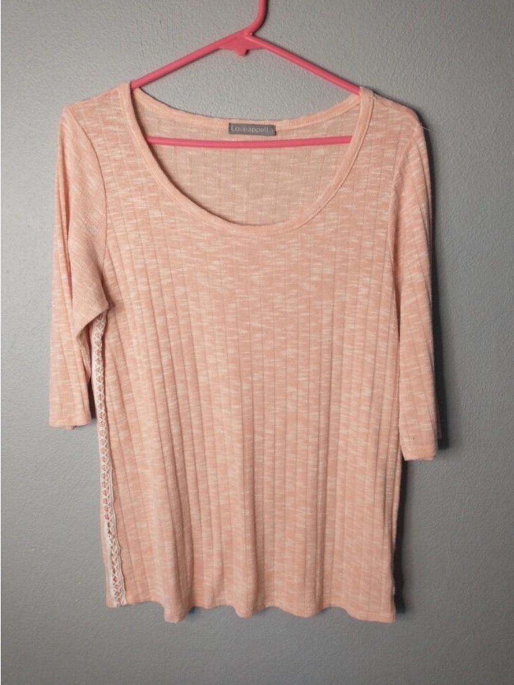 LoveAppella Ribbed Knit Top Women’s Medium Blush Pink Lace Up 3/4 Sleeve